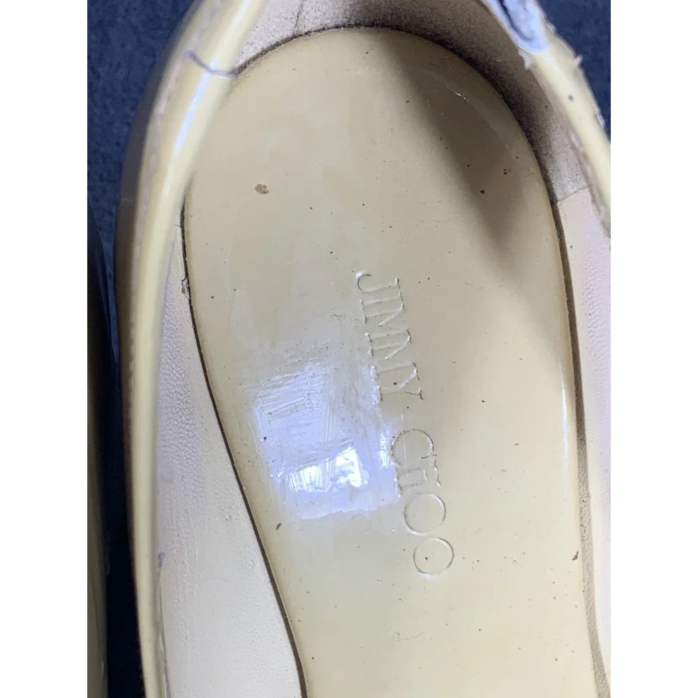 Jimmy Choo Size 37 1/2 Natural Papina Patent Leather and Cork Wedges $450